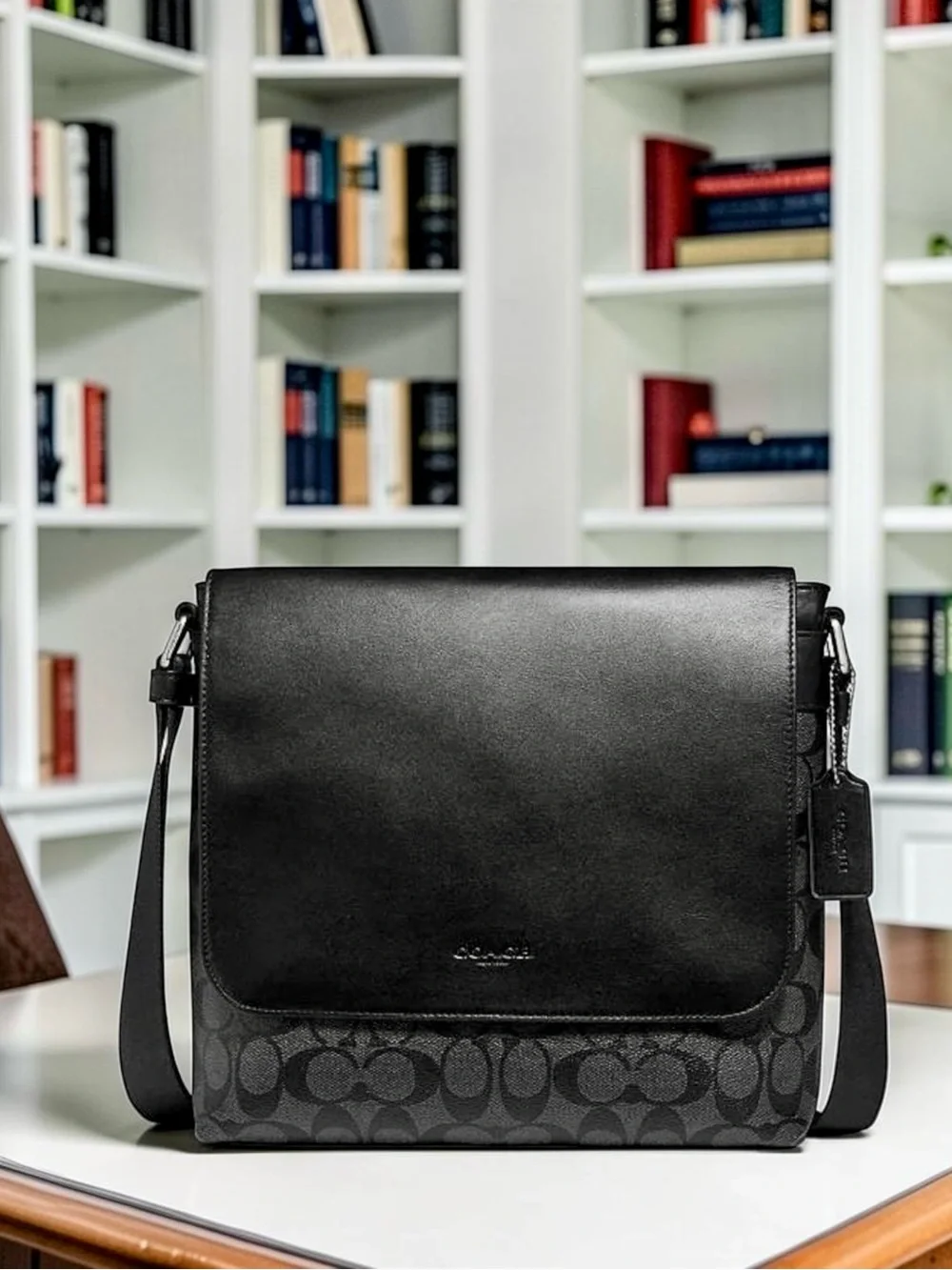 COACH Charles Messenger | Signature Canvas & Leather | Charcoal Black Crossbody